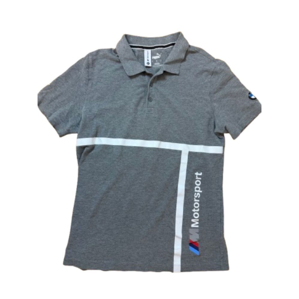 BMW x PUMA M Motorsport Polo Mens Small Grey Stripe Graphic Racing Short Sleeve